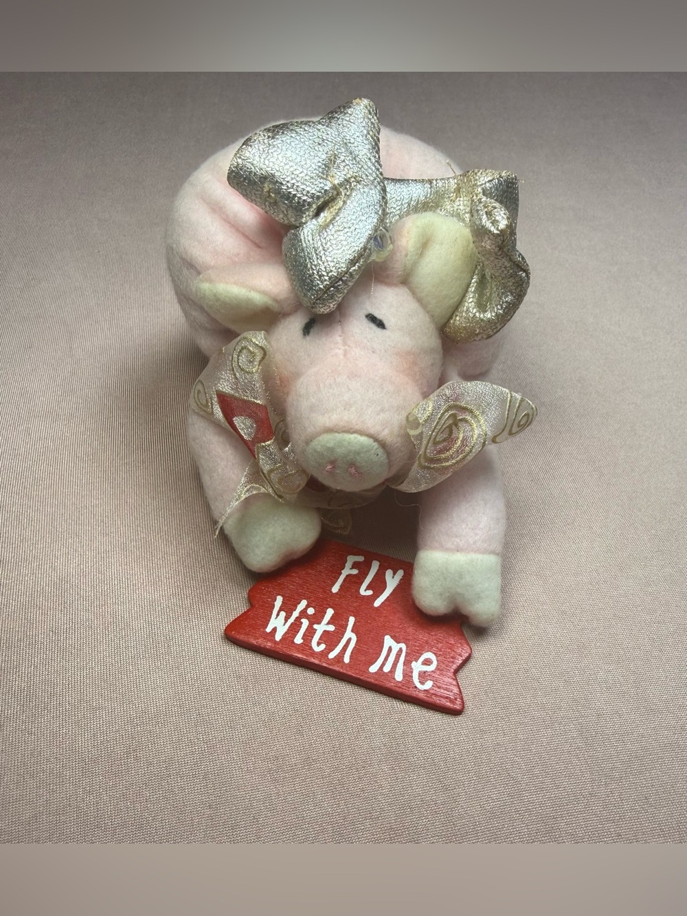 Vintage Cute Pink Pig Plush Stuffed Animal w/ "Fly With Me" Sign Gold Bow 5"